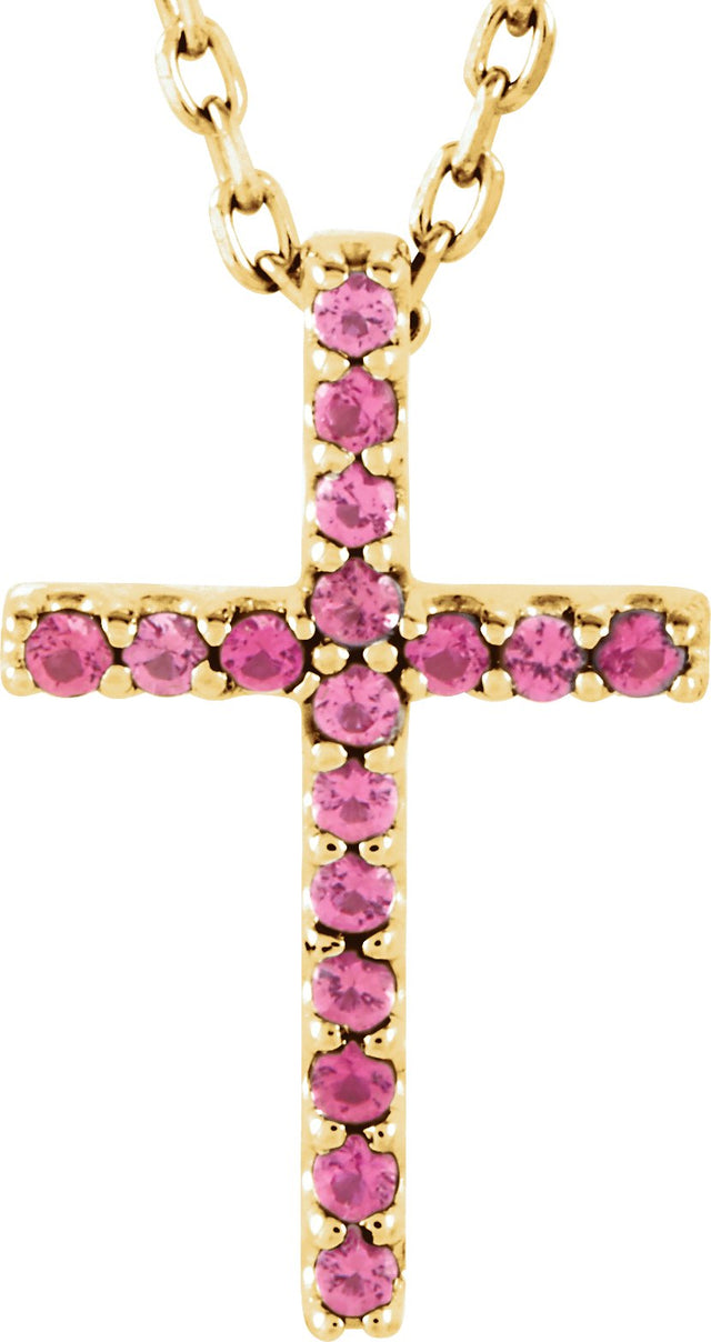 14K Gold Round Natural Pink Tourmaline Petite Cross Necklace or Pendant - Yellow Gold