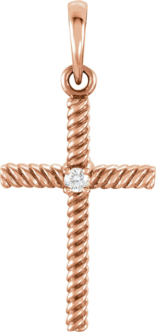 14K Gold Round Natural Diamond Rope Cross Pendant - Rose Gold