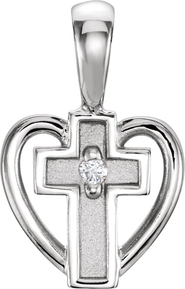 14K Gold Round Natural Diamond Heart & Cross Pendant - White Gold