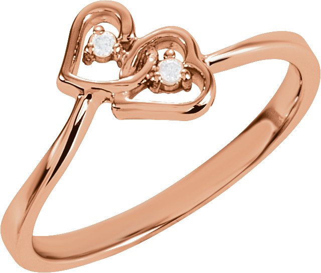 14K Gold Round Natural Diamond Double Heart Accented Ring - Rose Gold