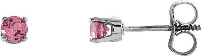 14K Gold Natural Pink Tourmaline Round 4-Prong Youth Birthstone Stud Earrings - White Gold