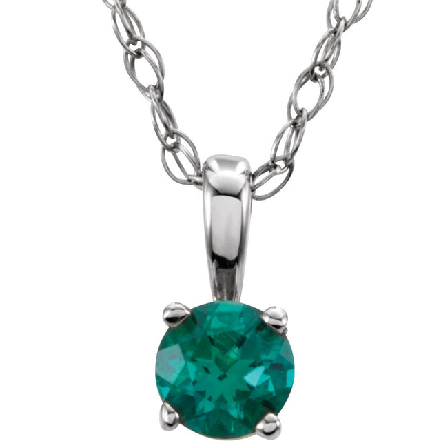 14K Gold Round Emerald Youth Birthstone Necklace or Pendant - White Gold