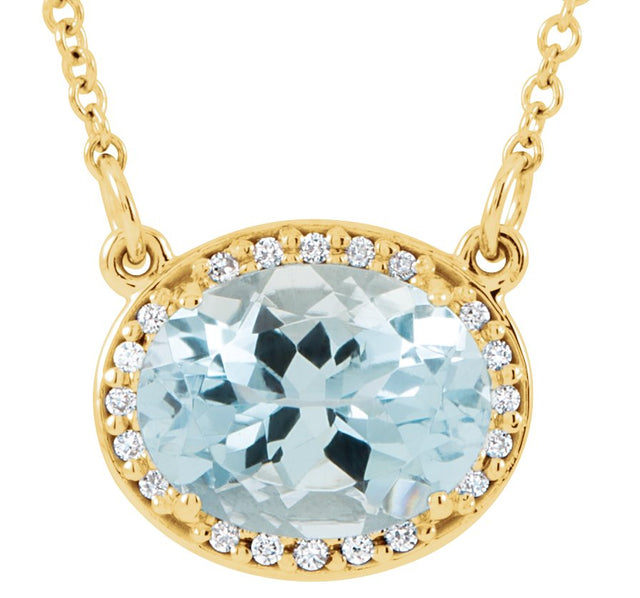 14K Gold Oval Natural Aquamarine Halo-Style Necklace - Yellow Gold
