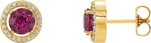 14K Gold Round Natural Pink Tourmaline Halo-Style Earrings - Yellow Gold