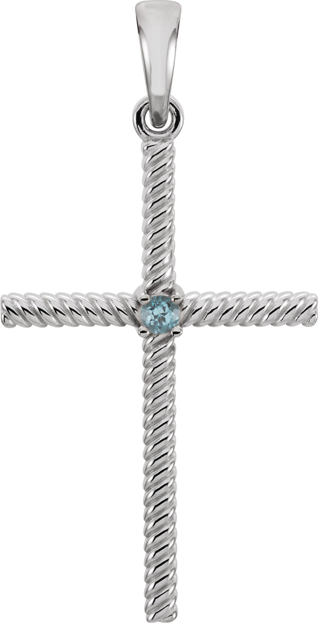 Platinum Round Natural Swiss Blue Topaz Rope Cross Pendant