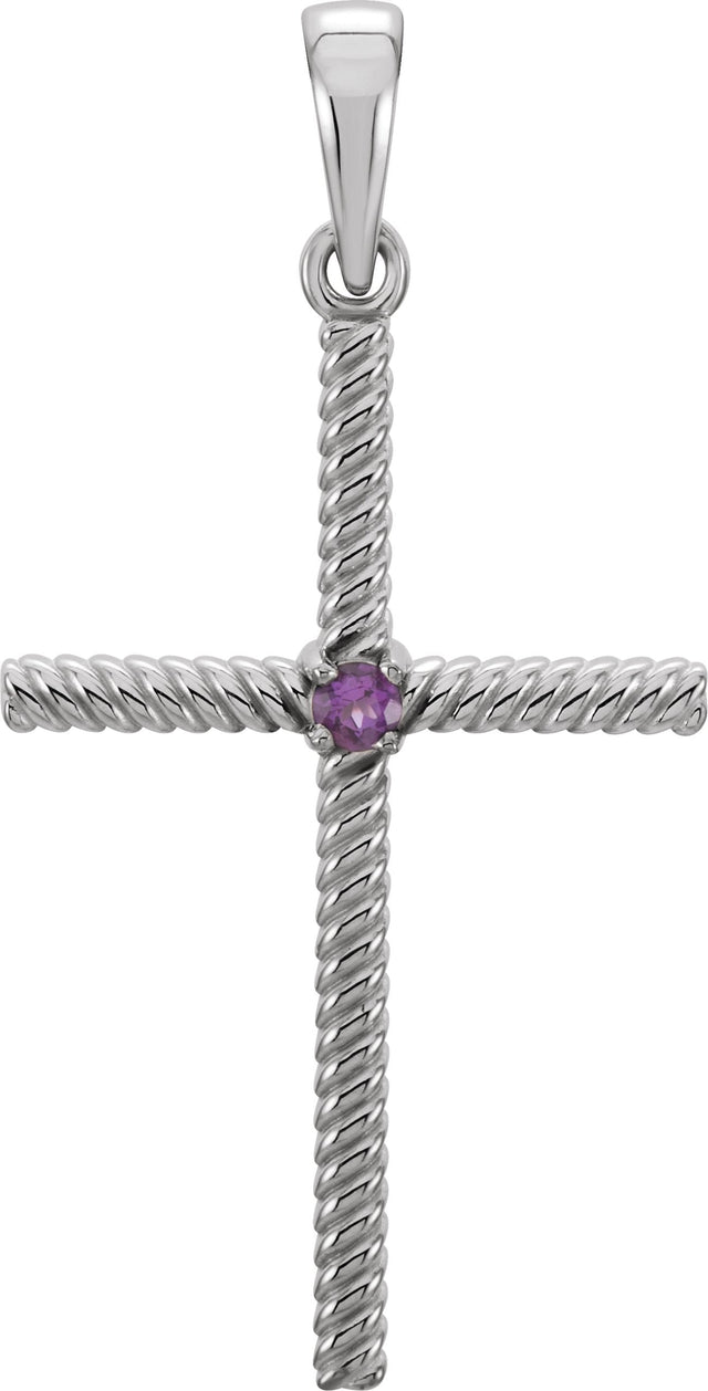 Platinum Round Natural Amethyst Rope Cross Pendant