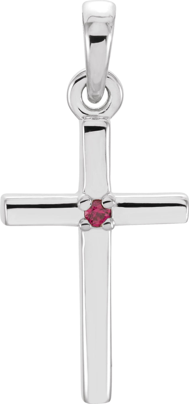 14K Gold Round Natural Ruby Birthstone Cross Pendant - White Gold
