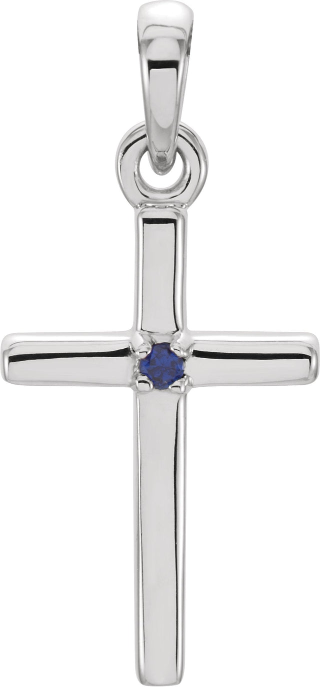 Platinum Round Natural Blue Sapphire Birthstone Cross Pendant