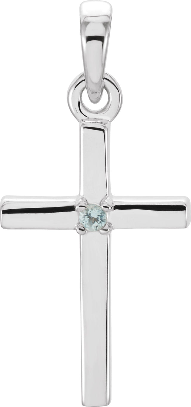 Platinum Round Natural Aquamarine Birthstone Cross Pendant