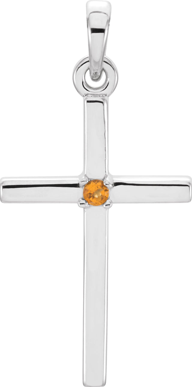 14K Gold Round Natural Citrine Birthstone Cross Pendant - White Gold