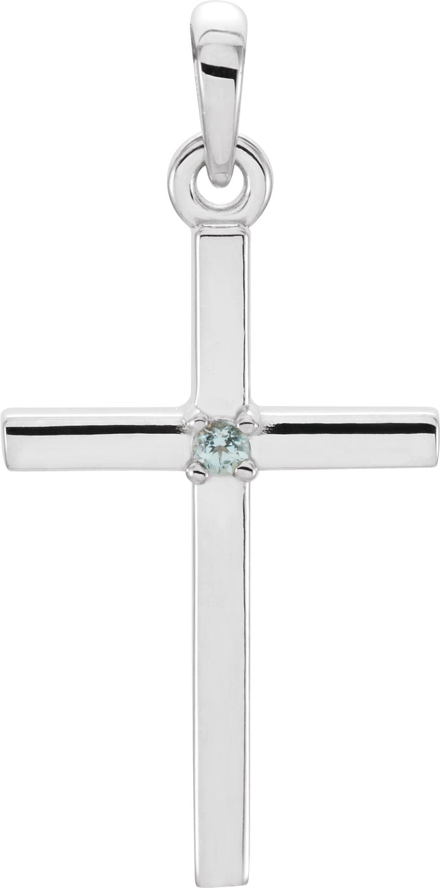14K Gold Round Natural Blue Zircon Birthstone Cross Pendant - White Gold