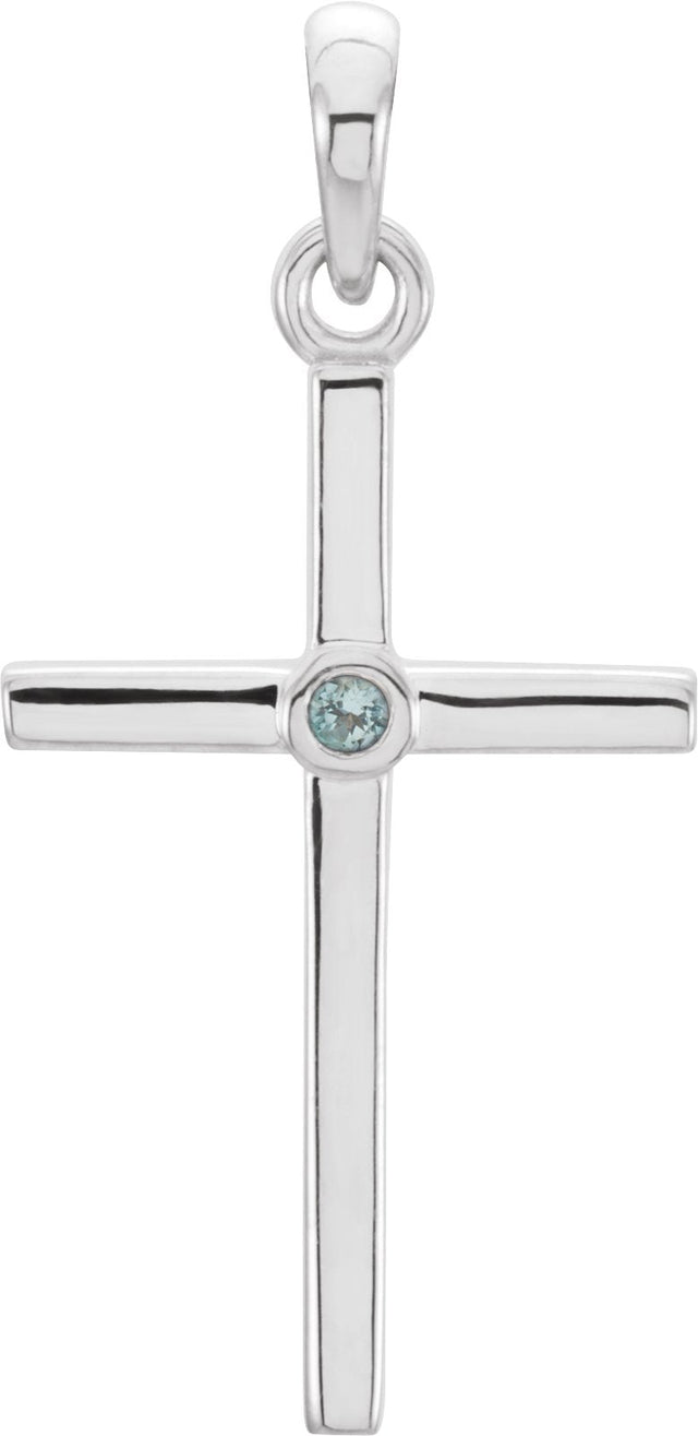 14K Gold Round Natural Aquamarine Cross Pendant - White Gold