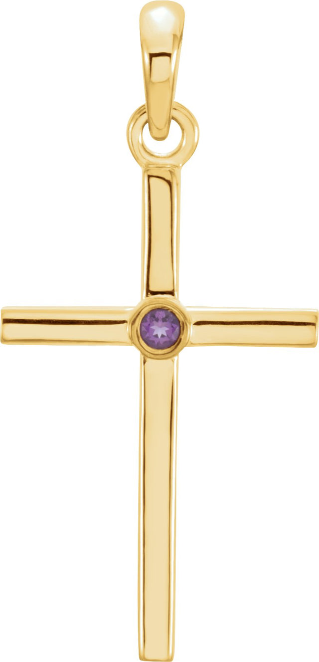 14K Gold Round Natural Amethyst Cross Pendant - Yellow Gold