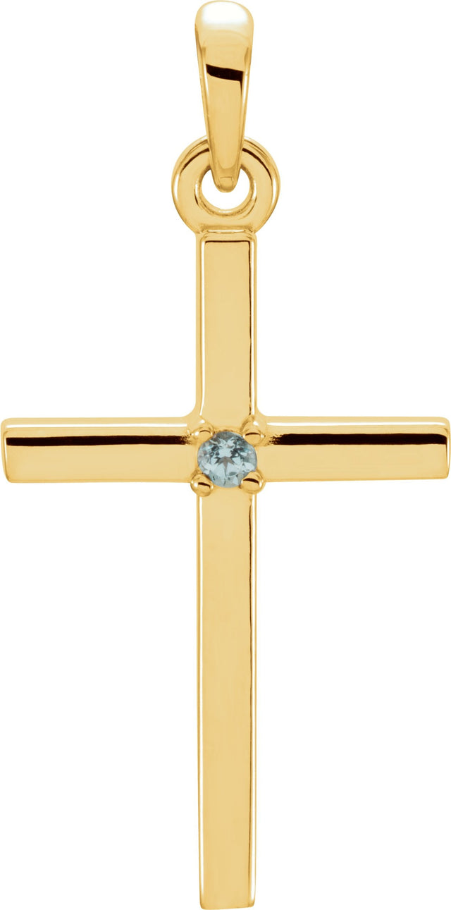 14K Gold Round Natural Blue Zircon Birthstone Cross Pendant - Yellow Gold