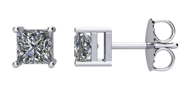14K Gold Natural Diamond Square 4-Prong Stud Earrings - White Gold