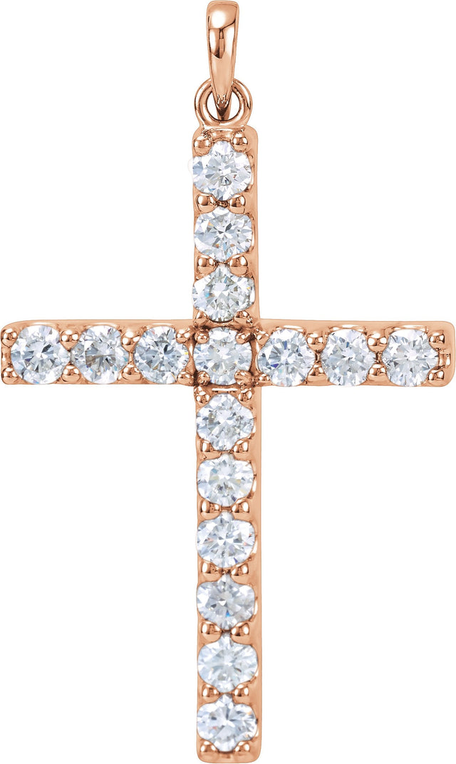 14K Gold Round Natural Diamond Accented Cross Necklace or Pendant - Rose Gold