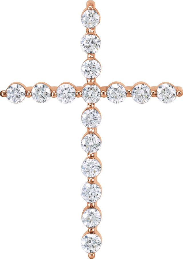 14K Gold Round Natural Diamond Cross Necklace or Pendant – up to 1 1/4 CTW - Rose Gold
