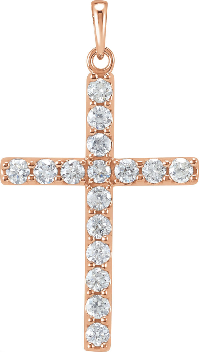 14K Gold Round Lab-Grown Diamond Accented Cross Necklace or Pendant - Rose Gold