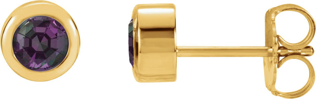 14K Gold Lab-Grown Alexandrite Round Bezel-Set Birthstone Stud Earrings - Yellow Gold