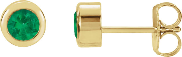 14K Gold Natural Emerald Round Bezel-Set Birthstone Stud Earrings - Yellow Gold