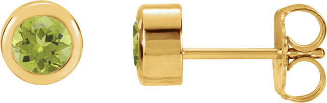 14K Gold Natural Peridot Round Bezel-Set Birthstone Stud Earrings - Yellow Gold