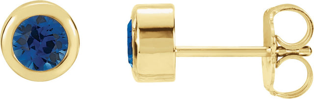14K Gold Lab-Grown Blue Sapphire Round Bezel-Set Birthstone Stud Earrings - Yellow Gold