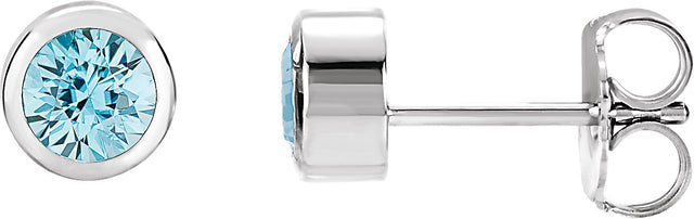 Platinum Natural Blue Zircon Round Bezel-Set Birthstone Stud Earrings