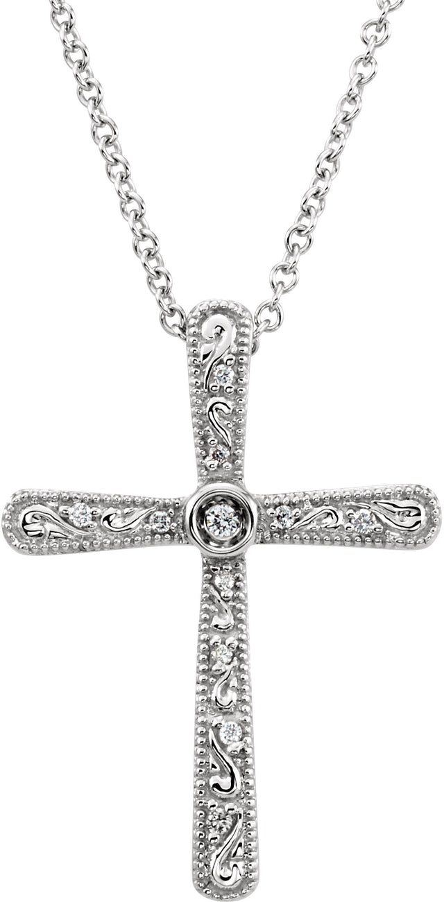 14K Gold Round Natural Diamond Cross Necklace II - White Gold