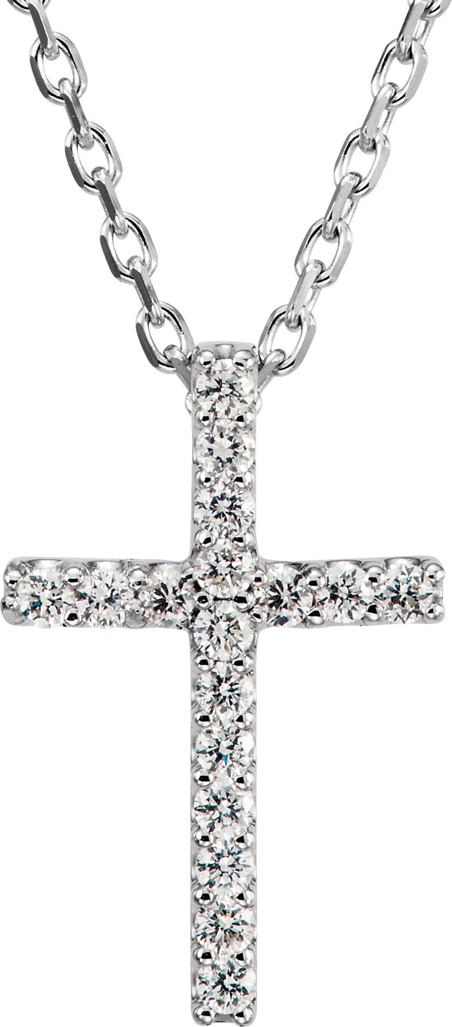 14K Gold Round Natural Diamond Petite Cross Necklace or Pendant – 0.06 CTW - White Gold