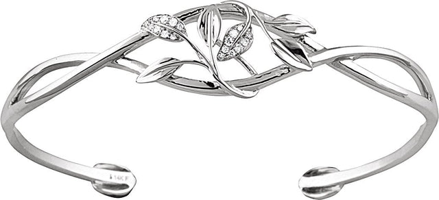 14K Gold Round Natural Diamond Accented Floral Cuff Bracelet