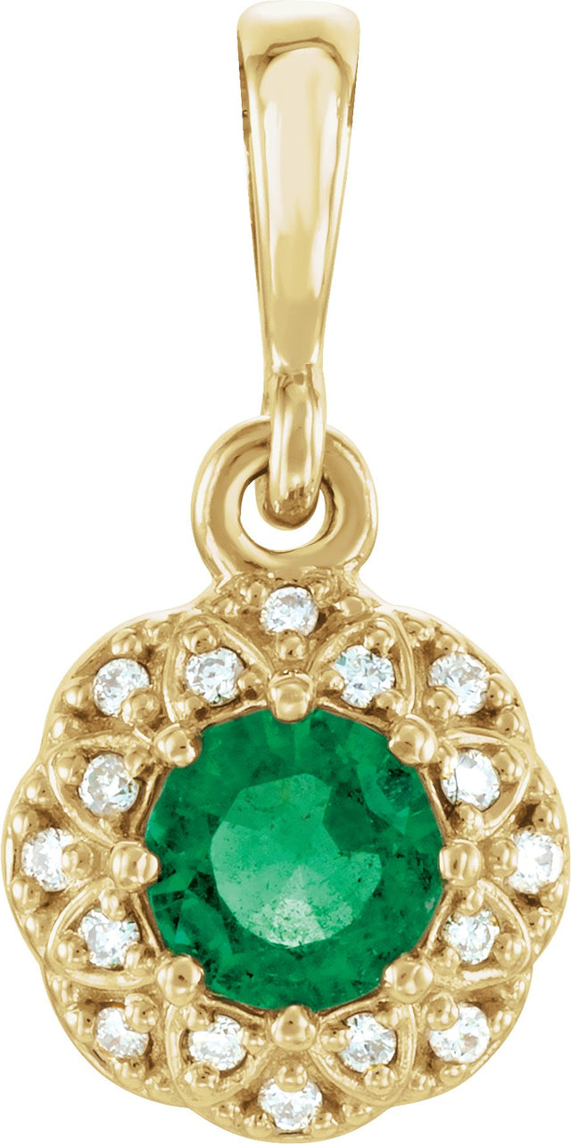 14K Gold Round Natural Emerald Halo-Style Pendant – 0.04 CTW - Yellow Gold