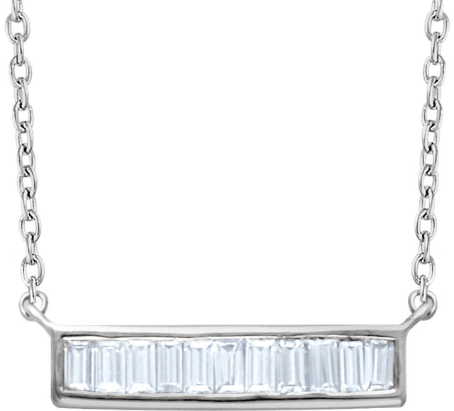 14K Gold Straight Baguette Natural Diamond Baguette Bar Necklace - White Gold