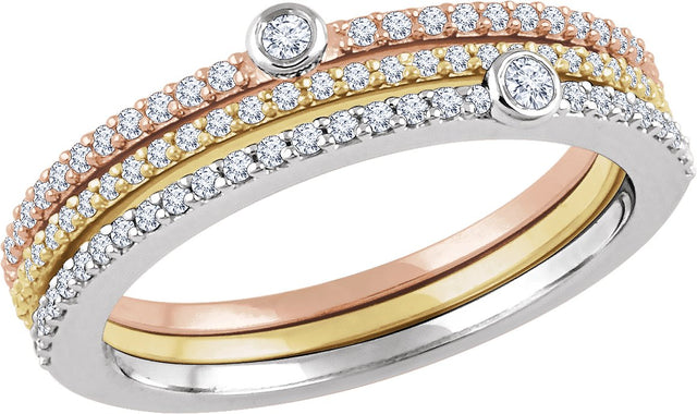 14K Gold Round Natural Diamond Tri-Color Stackable Ring Set