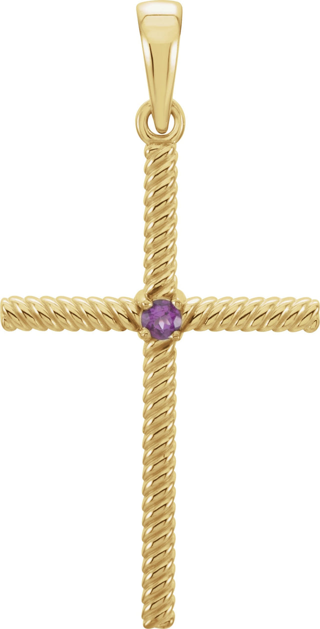 14K Gold Round Natural Amethyst Rope Cross Pendant - Yellow Gold