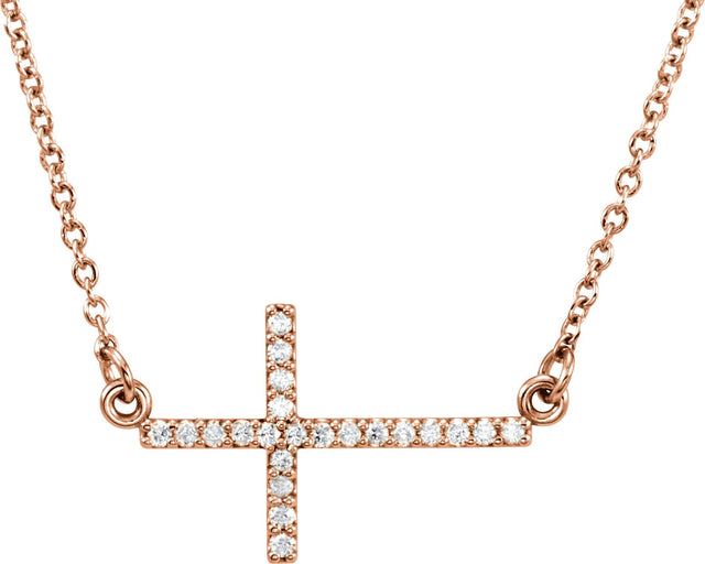 14K Gold Round Lab-Grown Diamond Sideways Cross Necklace - Rose Gold