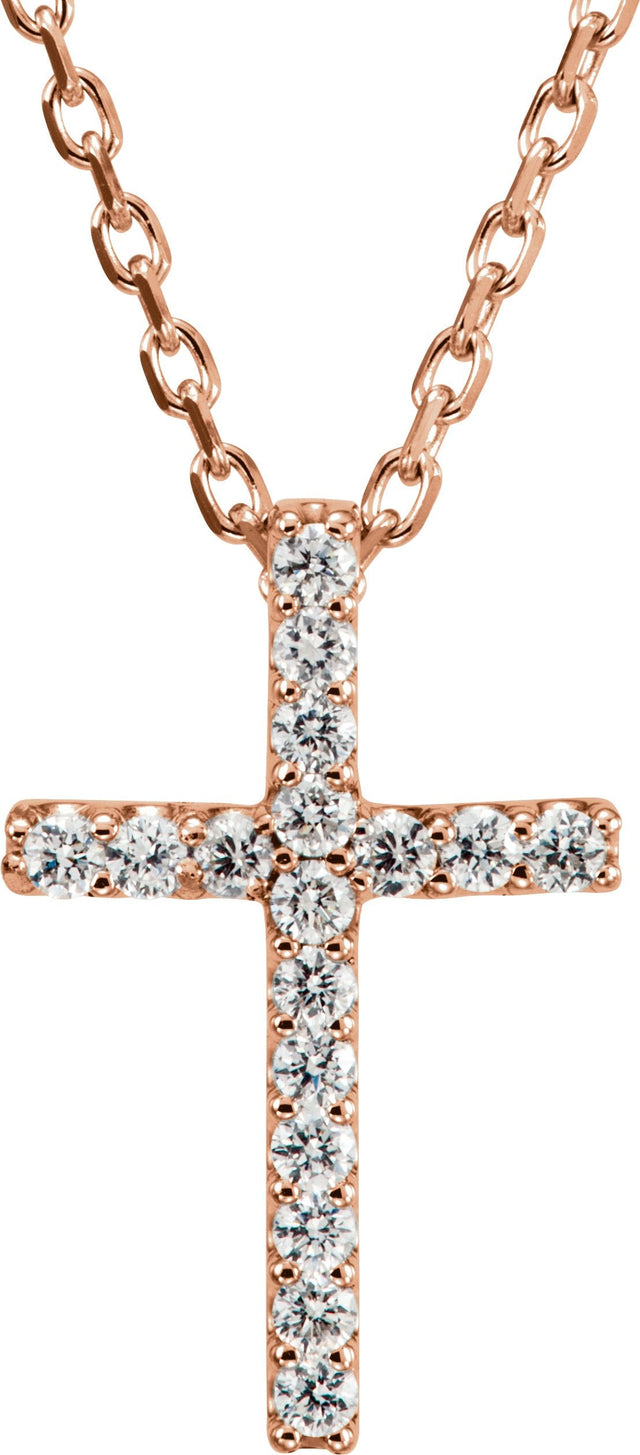 14K Gold Round Natural Diamond Petite Cross Necklace or Pendant – 0.06 CTW - Rose Gold