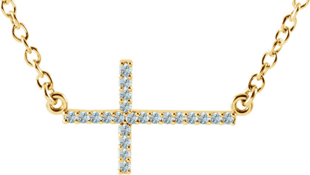14K Gold Round Natural Aquamarine Sideways Cross Necklace - Yellow Gold