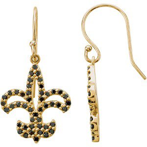 14K Gold Round Natural Black Diamond Fleur-de-lis Earrings - Yellow Gold