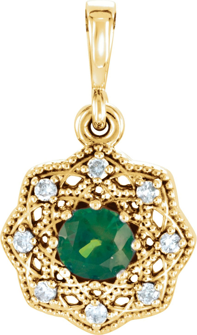 14K Gold Round Natural Emerald Halo-Style Pendant - Yellow Gold