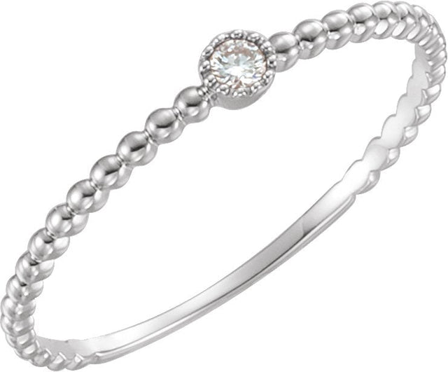 14K Gold Round Natural Diamond Beaded Bezel-Set Solitaire Ring - White Gold