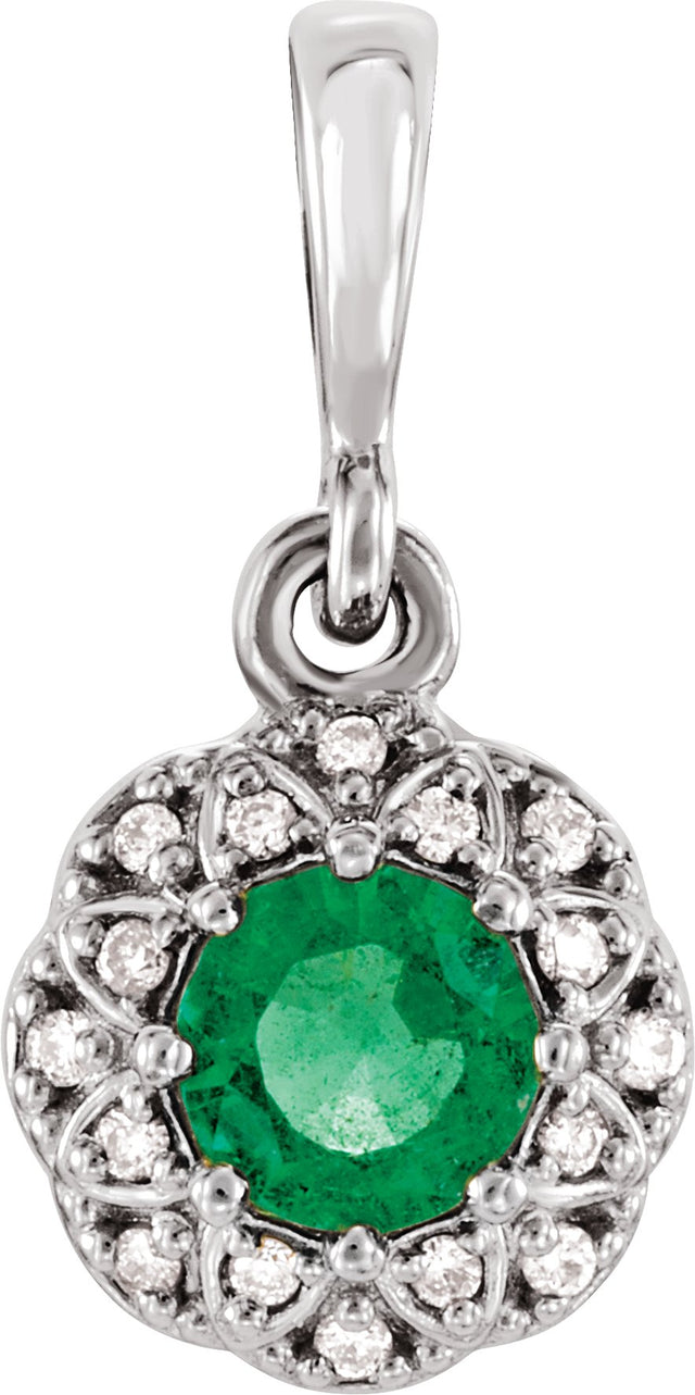 Platinum Round Natural Emerald Halo-Style Pendant – 0.04 CTW