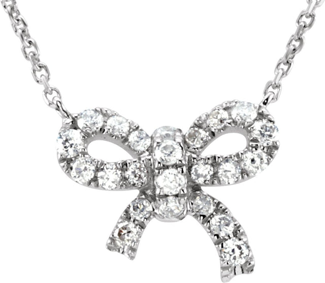 14K Gold Round Natural Diamond Bow Necklace - White Gold