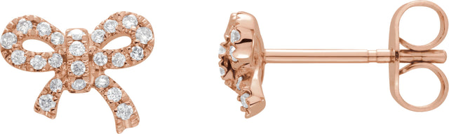 14K Gold Round Natural Diamond Bow Earrings - Rose Gold