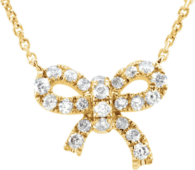 14K Gold Round Natural Diamond Bow Necklace - Yellow Gold