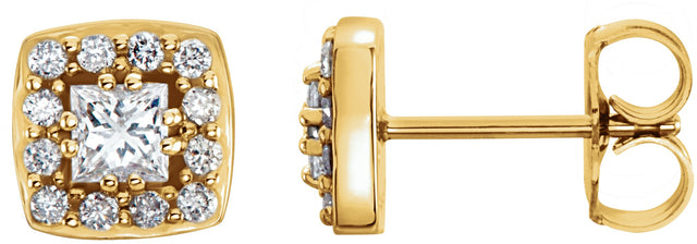 14K Gold Square Natural Diamond Halo-Style Earrings - Yellow Gold