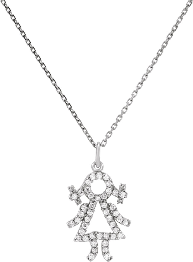 14K Gold Round Natural Diamond Little Girl Pendant - White Gold