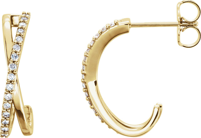14K Gold Round Natural Diamond Criss-Cross J-Hoop Earrings – 1.1mm Stones - Yellow Gold