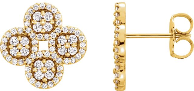 14K Gold Round Natural Diamond Clover Earrings - Yellow Gold