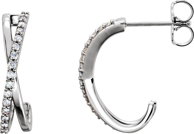 Platinum Round Natural Diamond Criss-Cross J-Hoop Earrings – 1.1mm Stones