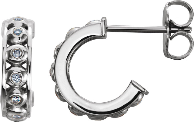 14K Gold Round Natural Diamond Bezel-Set Hoop Earrings - White Gold